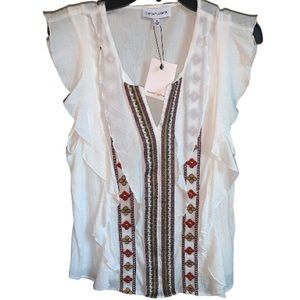 NWT Gibson Latimer Patterned White Ruffle Blouse